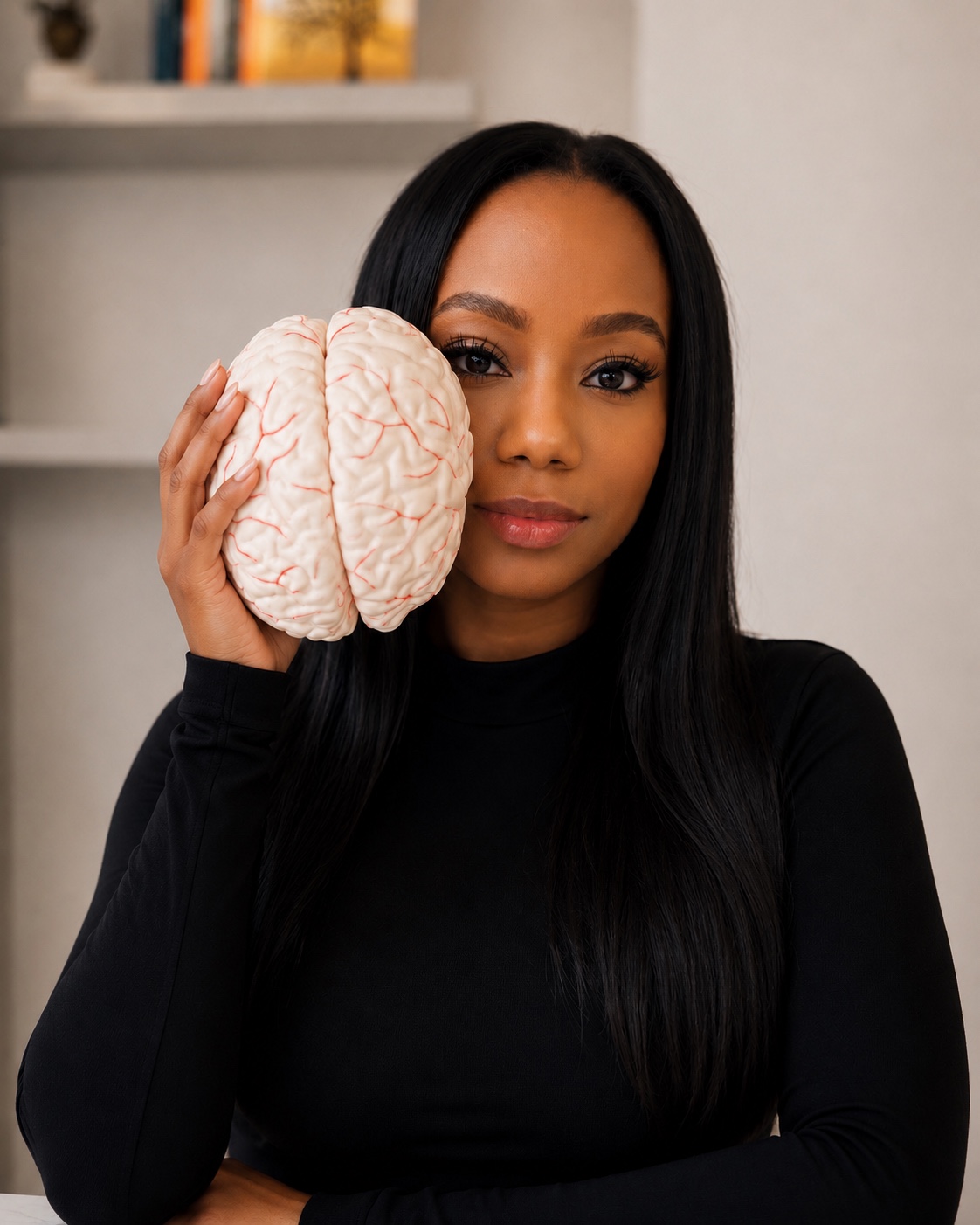 Jamaica Horton, psychiatric mental health nurse practitioner and founder of New Dawn Behavioral Health, holding a model brain